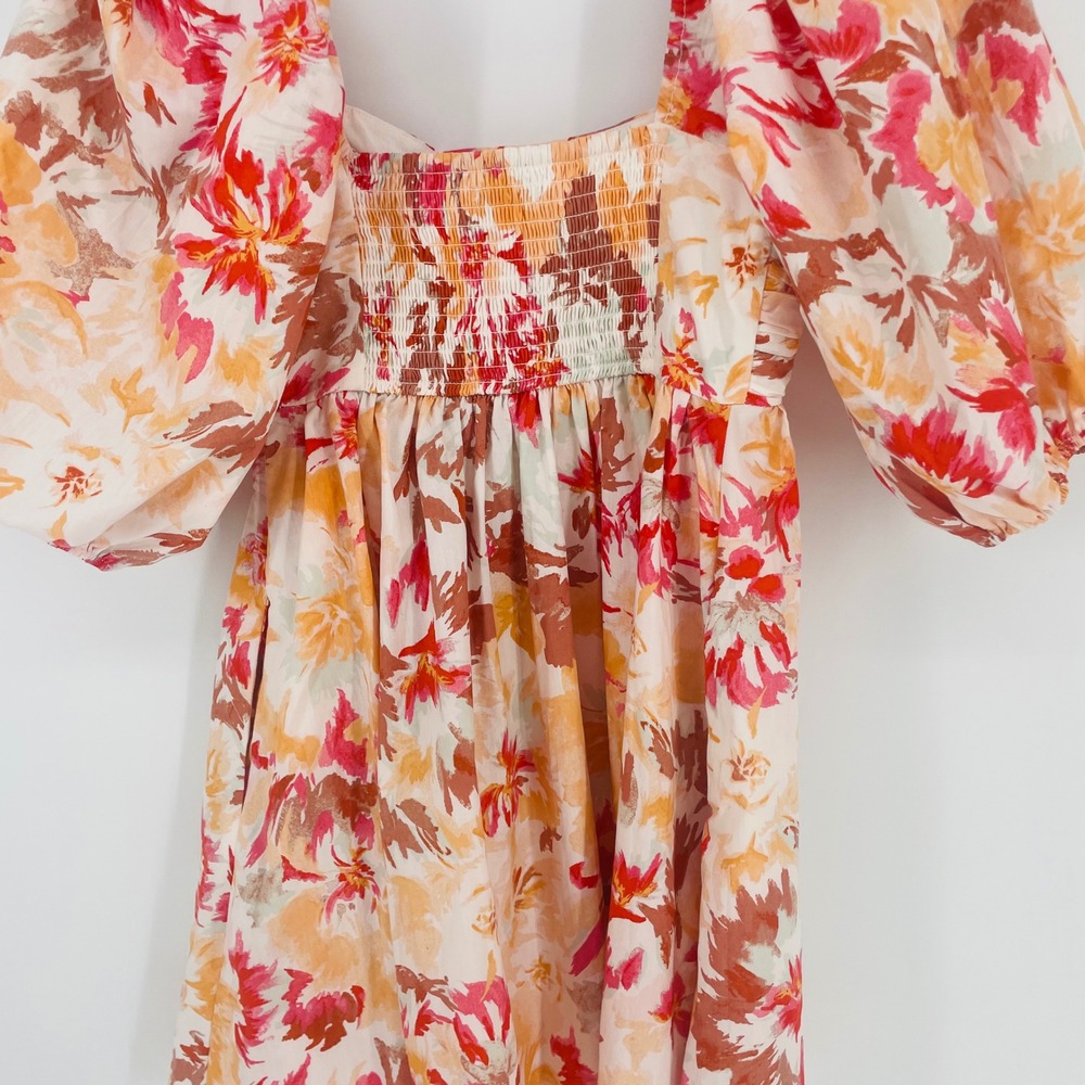 Abercrombie & Fitch Floral Puff Sleeve Pleated Mini Dress Orange Pink size XS - Picture 13 of 14